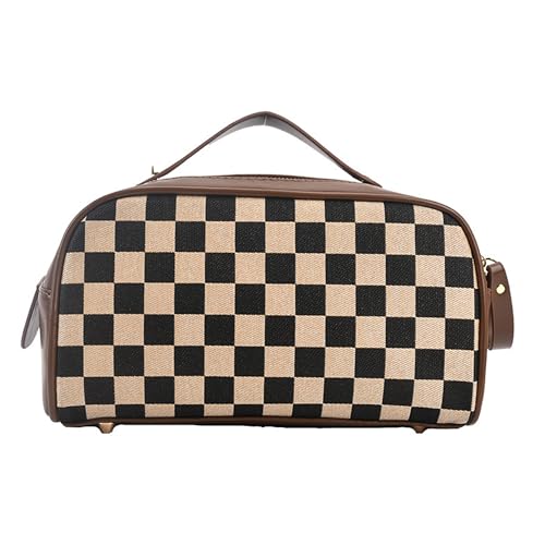 Vintage Makeup Bag for Women Portable Retro Checkered Patter