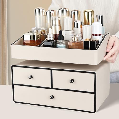 KINGFOM Organizador de maquillaje de cuero con 3 cajones, or