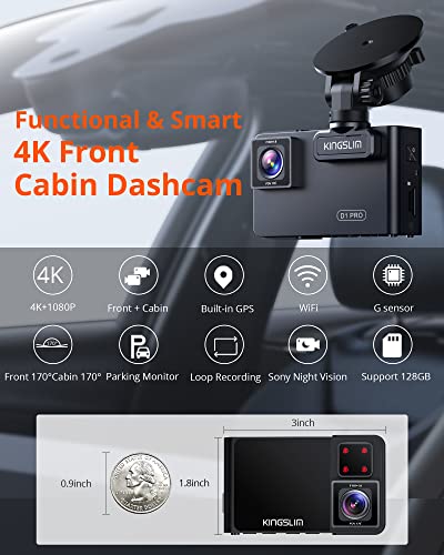 Kingslim D1 Pro Dual Dash Cam 4K Grabar Interior - Cámara de