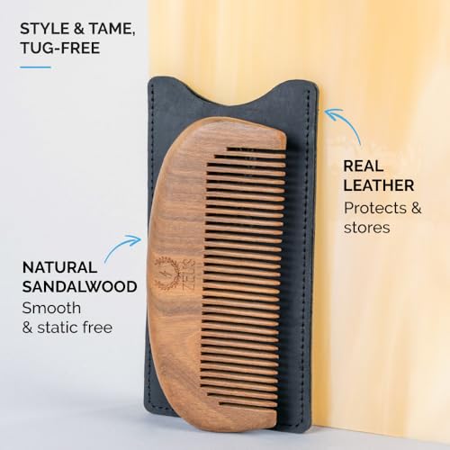 Zeus Peine de barba de sándalo orgánico con funda de cuero