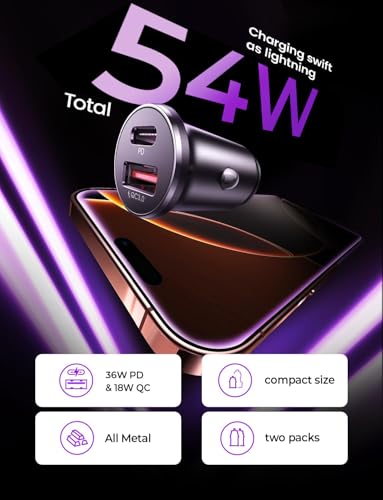 LISEN Cargador de teléfono de coche de 54 W USB C, adaptador