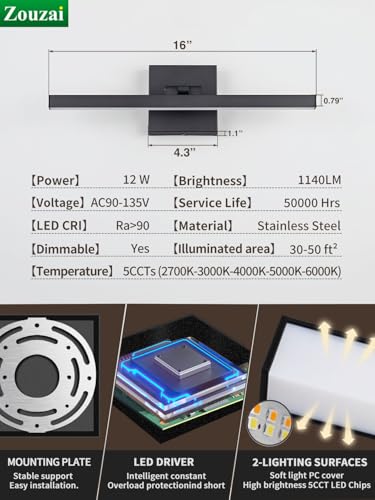 zouzai Barra de luz LED moderna para tocador de baño, color