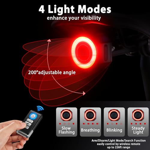 WSDCAM Luz trasera de bicicleta remota con alarma, luz de fr