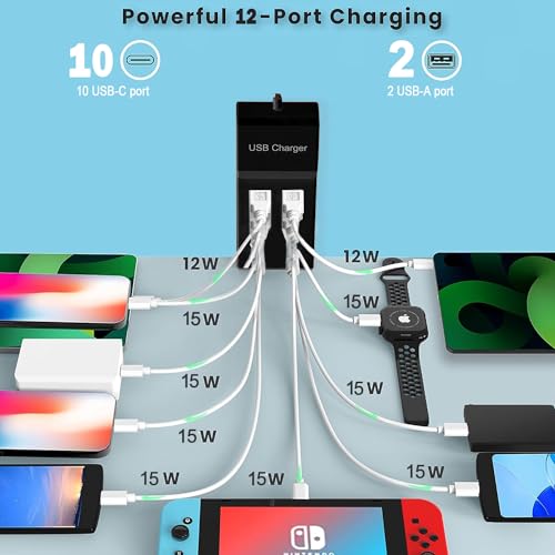 Cargador USB C múltiple, estación de carga USB de 12 puertos