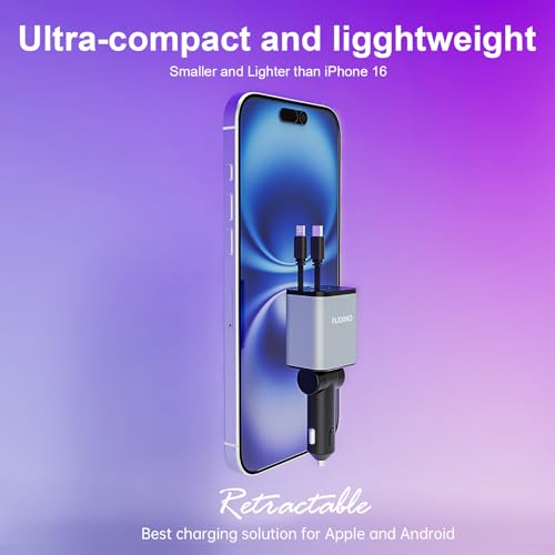 Flexino Cargador retráctil de coche para iPhone 16, cargador