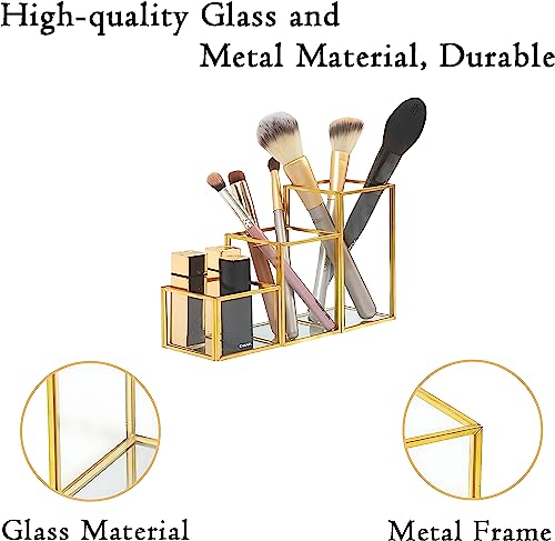 Soporte para brochas de maquillaje de vidrio con 3 compartim