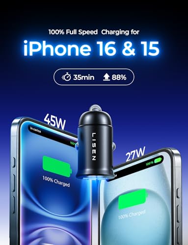 LISEN Cargador de coche para iPhone 16 de carga rápida [80W+