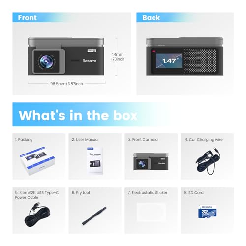 Dasaita Cámara de tablero USB 1080P para automóvil, cámara f