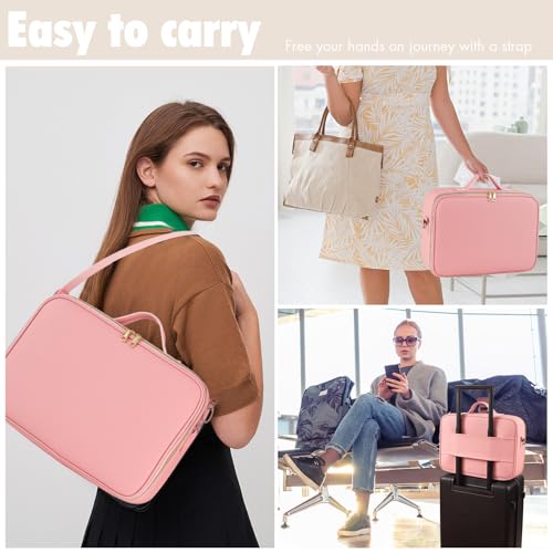 Bolsa de maquillaje de viaje grande con espejo y luz, Rosado