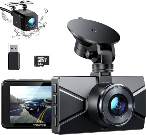 WOLFANG Dash Cam delantera y trasera 2.5K, cámara de salpica
