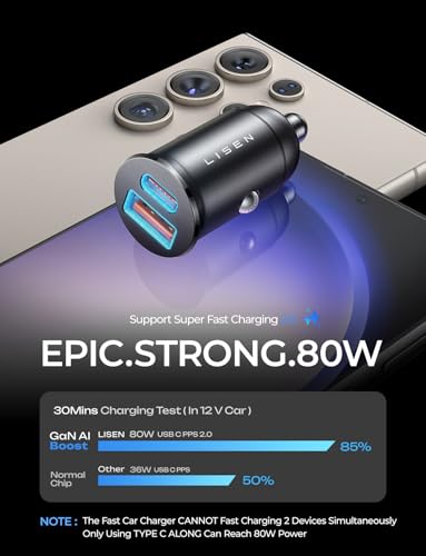 LISEN Cargador de coche para iPhone 16 de carga rápida [80W+