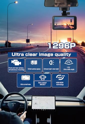 Cámara de tablero frontal y trasera 1296P Full HD Dual Dash