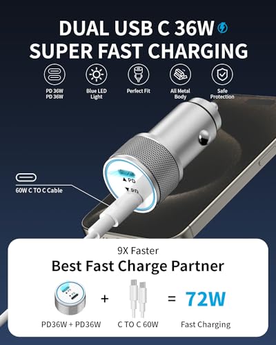 Cargador de coche USB C de 72 W, adaptador para encendedor d