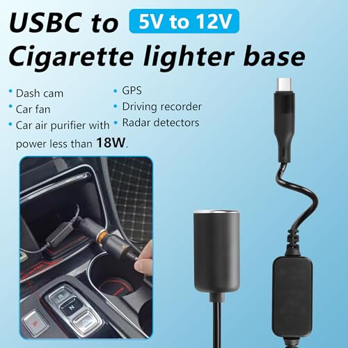CERRXIAN 1ft USB C Male to 12V 18W Cigarette Lighter Socket