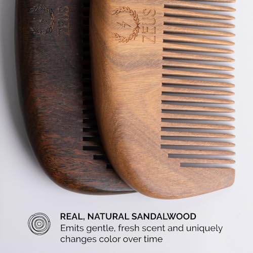 Zeus Peine de barba de sándalo orgánico con funda de cuero