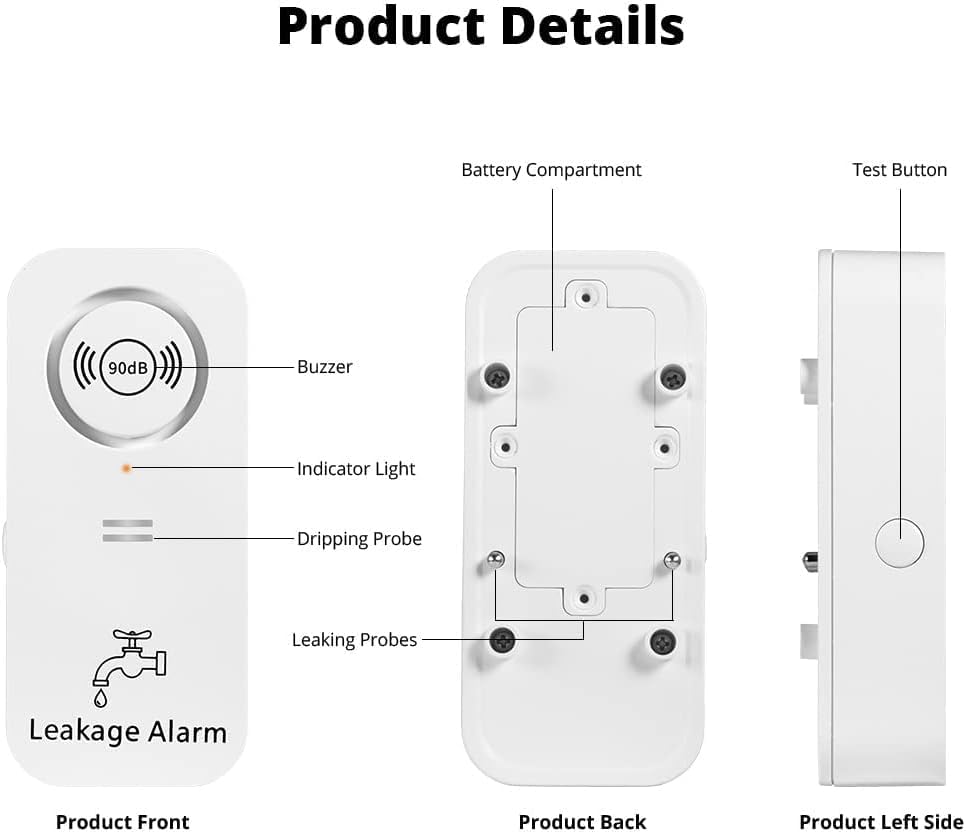 TOWODE Detectores de agua Sensor de alarma de 90 dB, alerta