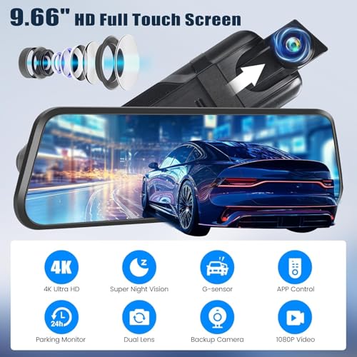 CAMECHO Cámara de tablero de espejo 4K, pantalla táctil comp