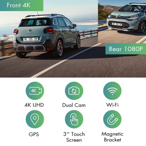 Cámara de tablero dual 4K frontal y trasera, Wi-Fi GPS, pant