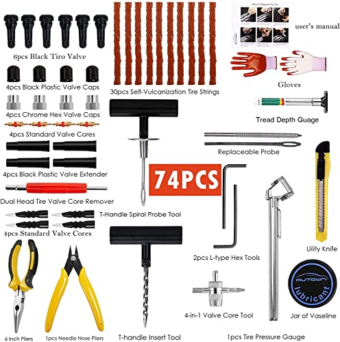 Kit de reparación de neumáticos planos, 74 piezas de tapones