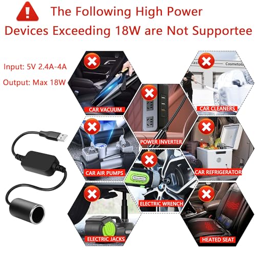 CERRXIAN 1ft USB A Male to 12V 18W Car Cigarette Lighter Soc