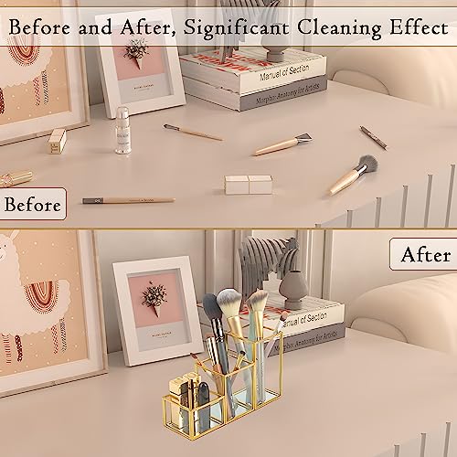 Soporte para brochas de maquillaje de vidrio con 3 compartim
