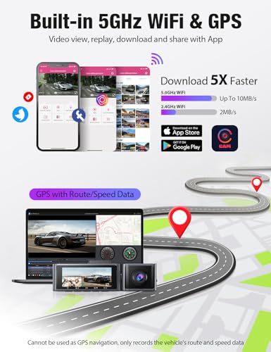 OMBAR Cámara de tablero frontal e interior, 5G WiFi GPS Dash