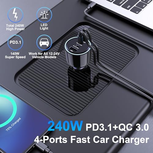 URVNS Cargador de coche USB C de 240 W, carga súper rápida d