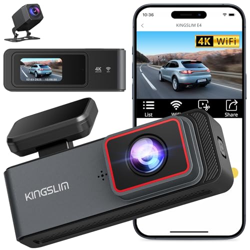 Kingslim Cámara de tablero E4 4K delantera y trasera, WiFi f