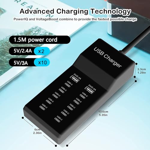 Cargador USB C múltiple, estación de carga USB de 12 puertos