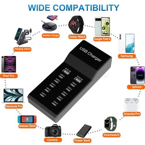 Cargador USB C múltiple, estación de carga USB de 12 puertos
