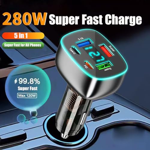 Cargador de teléfono de coche USB C de 5 puertos con pantall