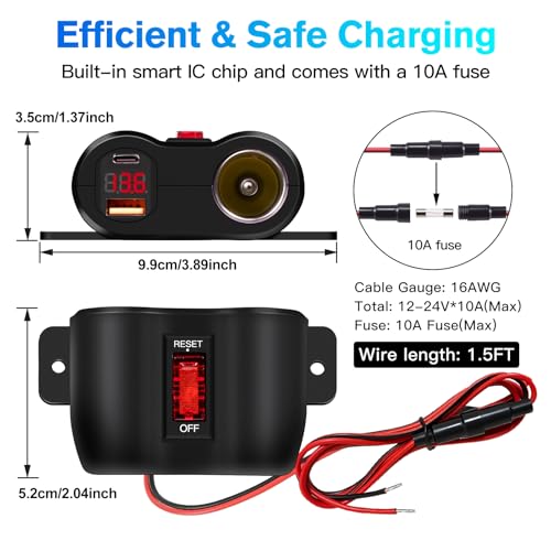 Toma de corriente de 12 V, doble salida USB, encendedor de c