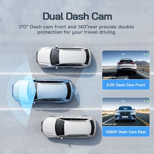 WOLFANG Dash Cam delantera y trasera 2.5K, cámara de salpica