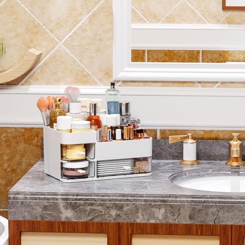 Organizador de maquillaje blanco con 3 cajones, almacenamien