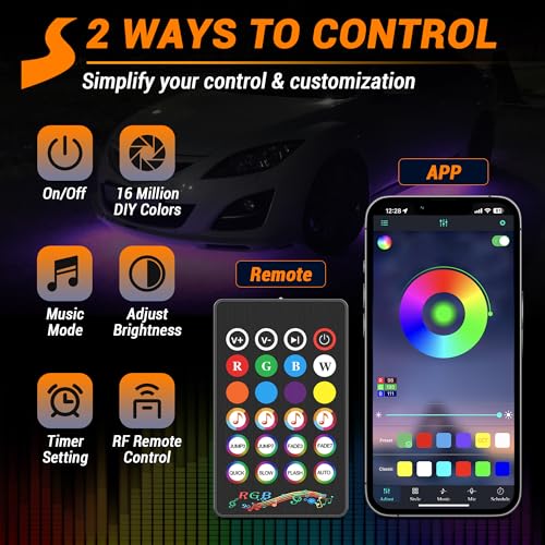 4 tiras de luces de neón para automóvil, luces LED RGB de 12