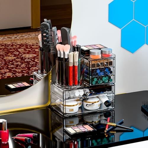 Organizador de maquillaje transparente con soporte giratorio