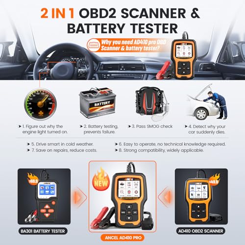 ANCEL AD410 Pro 2 en 1 OBD2 escáner y probador de batería -