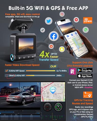 Sarmert C1 5K Dash Cam - GPS integrado y WiFi 5G, 5K/4K/2.5K