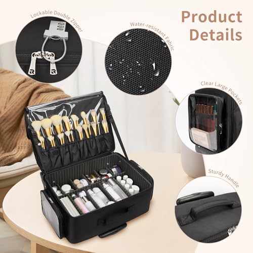 Estuche de maquillaje grande con ruedas, Negro -, Estuche de