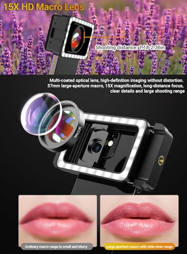 APEXEL Lente macro 15X para iPhone con luz de relleno LED, S