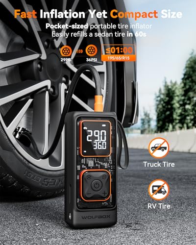WOLFBOX Inflador de neumáticos de 12000 mAh y 150 PSI, compr