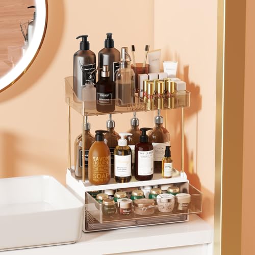Organizador de baño de 2 niveles y 2 cajones, organizador de