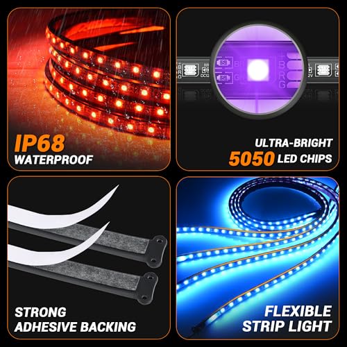 4 tiras de luces de neón para automóvil, luces LED RGB de 12