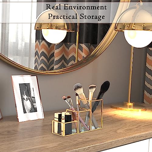 Soporte para brochas de maquillaje de vidrio con 3 compartim