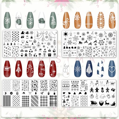 Juego de 4 placas de uñas de Navidad, árbol de Navidad, copo