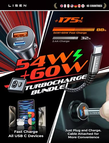 LISEN Cargador de coche para iPhone 16, cargador de coche US