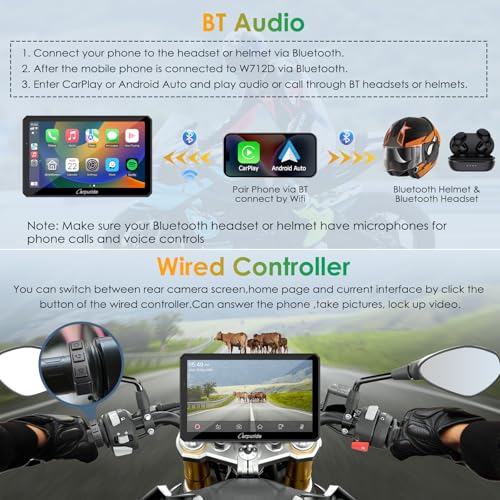 Carpuride W712D - Pantalla Carplay para motocicleta con HD 1