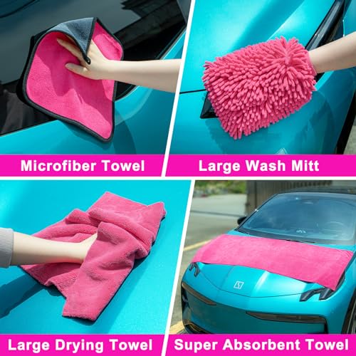 Kit de limpieza de coche de 28 piezas, color rosa, cepillo d
