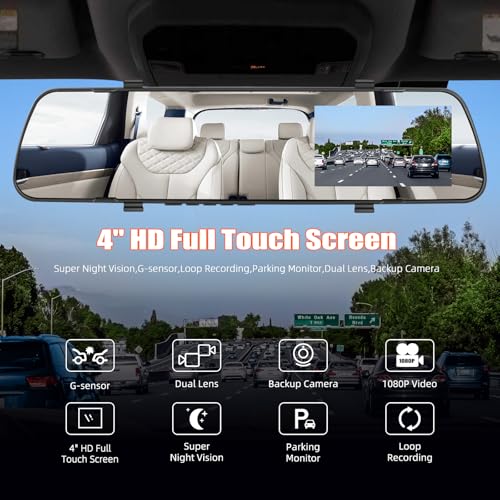 Espejo Dash Cam de 4 pulgadas, espejo retrovisor 1080P cámar