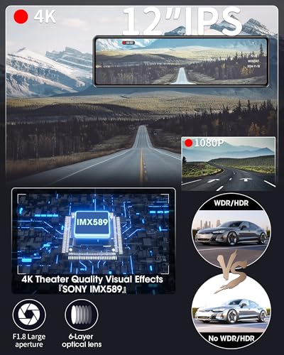 Cámara de espejo retrovisor 4K de 12 pulgadas mejorada 2025